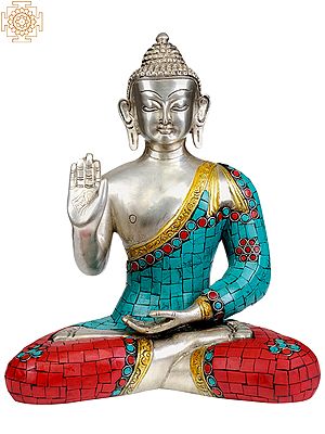 11" Shakyamuni Buddha Granting Abhaya (Inlay Statue) In Brass