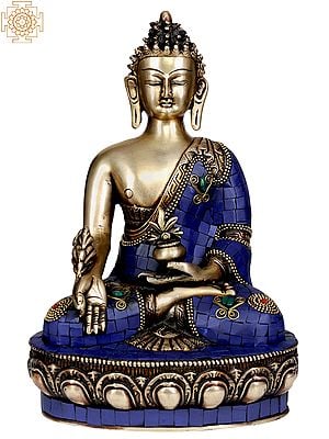 11" Tibetan Buddhist Deity- Lapis Healing Buddha (Inlay Statue) In Brass