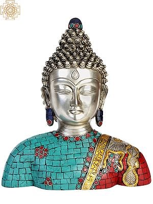 10" Lord Buddha Bust (Inlay Statue) In Brass
