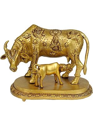 7" Cow and Calf Brass Idol - Most Sacred Animal of India | Handmade | Made in India