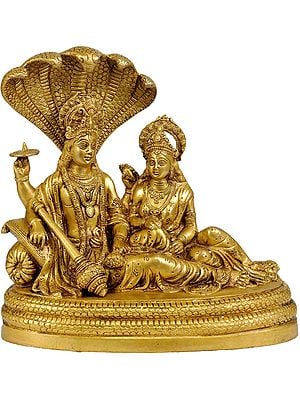 10" Brass Bhagavan Vishnu and Devi Lakshmi Idol Seated on Sheshnag | Handmade | Made in India