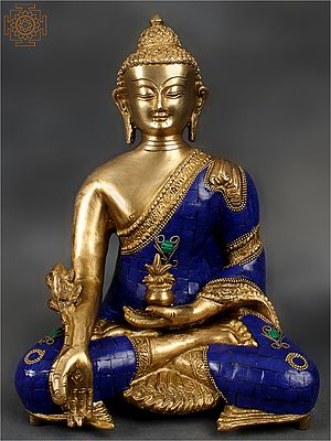 11" Tibetan Buddhist Deity Lapis Buddha of Healing In Brass