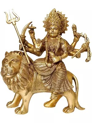 10" Mother Goddess Durga Seated on Lion In Brass | Handmade | Made In India