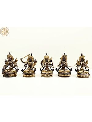 5" Small Tibetan Buddhist Deities-Green Tara, Manjushri, Chenrezig, Vajradhara and White Tara (Set of 5 Sculptures) In Brass