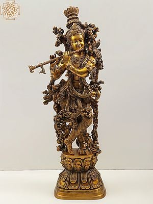 29" Brass Lord Krishna Idol Playing Flute | Handmade Statues | Made in India