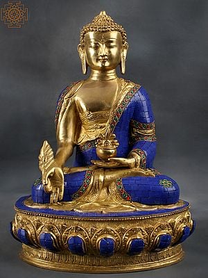 14" Tibetan Buddhist Deity-  Lapis Buddha of Healing (Medicine Buddha) In Brass | Handmade | Made In India