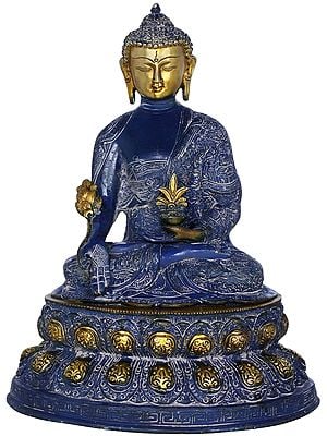 16" Brass Medicine Buddha Idol Seated on Double Lotus | Handmade Buddhist Deity Statue | Made in India