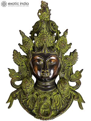 15" Superbly Detailed Green Tara Brass Wall-Hanging Mask | Indian Handcrafted Idol