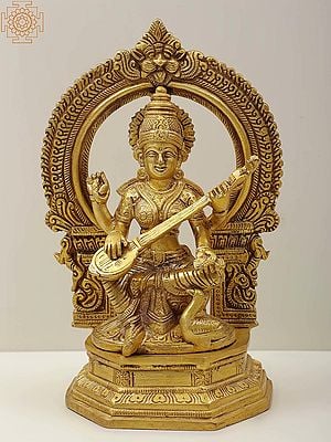 9" Brass Goddess Saraswati Statue Playing Veena