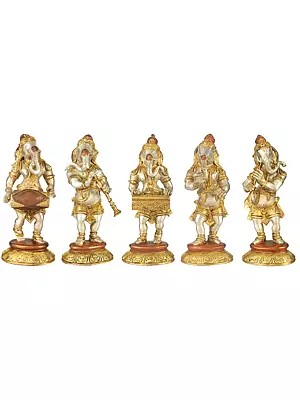 8" Set of Five Musical Ganeshas In Brass | Handmade | Made In India