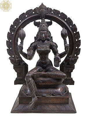 18" Large Size Goddess Lakshmi Seated on Lotus Throne with Floral Aureole In Brass