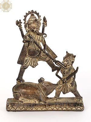 8" Lord Ganesha Annihilating Demon (Tribal Statue from Bastar)