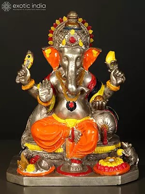 11" Lord  Ganesha in Orange Dhoti In Brass | Handmade | Made In India