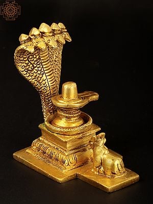 3" Small Brass Shiva Linga with Five-Hooded Snake Crowning It and Nandi