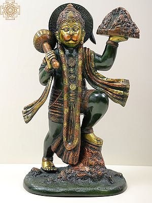 15" Brass Sculpture of Lord Hanuman Carrying Sacred Sanjeevani Mountain