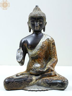 8" Tibetan Buddhist Deity Blessing Buddha Brass Statue with Carved Robe