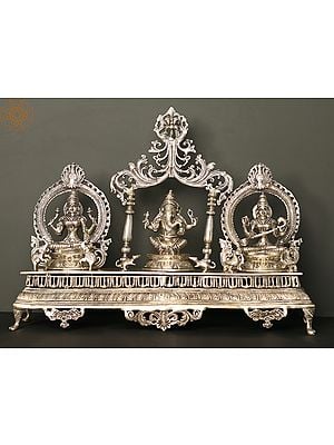 27" Brass Statue of Great Trinity of Lakshmi, Ganesha and Saraswati | Handmade