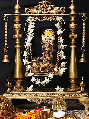 16" Butter Krishna Idol Swing | Handmade Brass Statue | Made in India