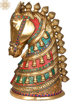 Royal Horse Head Brass Figurine with Intricate Inlay Work