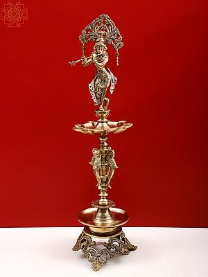 27" Large Size Fluting Krishna Lamp In Brass | Handmade | Made In India