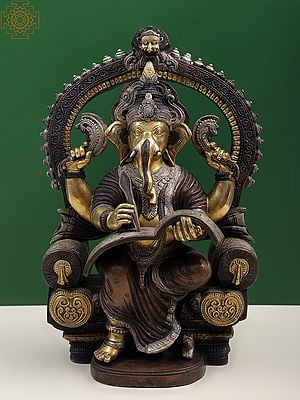 17" Royal Throne Ganesha Writing Om Namaha Shivaya In Brass | Handmade | Made In India