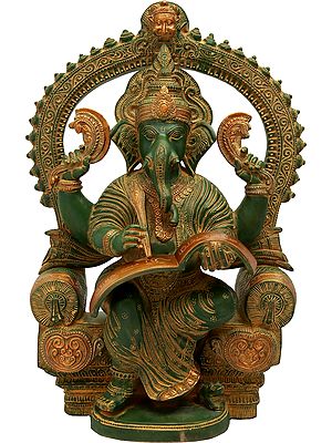 17" Royal Throne Ganesha Writing Om Namaha Shivaya In Brass | Handmade | Made In India