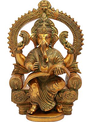 17" Royal Throne Ganesha Writing Om Namaha Shivaya In Brass | Handmade | Made In India