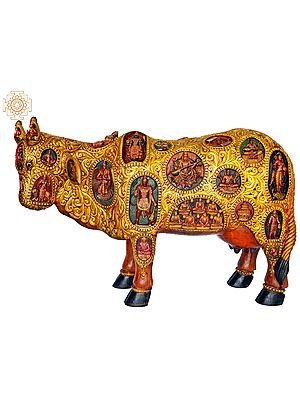54" Kamadhenu Wooden Sculpture - Sacred Cow from Samudra Manthan