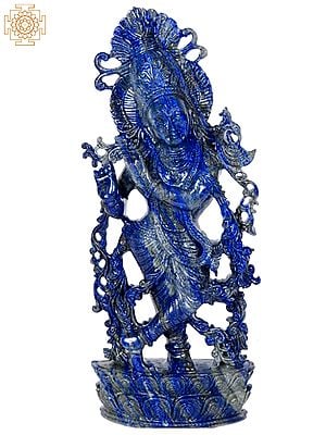 15" Lapis Lazuli Gemstone Lord Krishna Playing FluteLapis Lazuli Gemstone Lord Krishna Statue Playing Flute