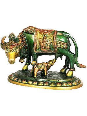 5" Small Cow and Calf (Saddle Decorated with Lakshmi and Ganesha) in Brass