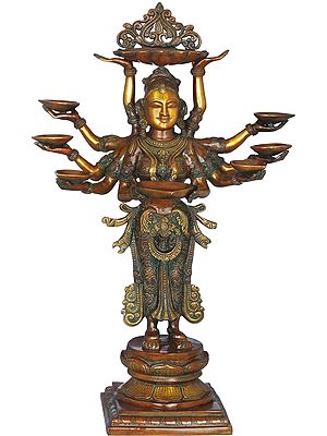 28" Brass the Ten-Armed Auspicious Deepalakshmi with Each Hand Holding a Lamp