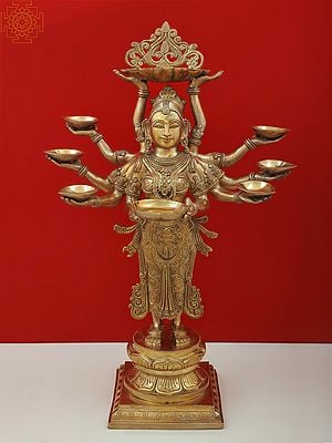 28" Brass the Ten-Armed Auspicious Deepalakshmi with Each Hand Holding a Lamp