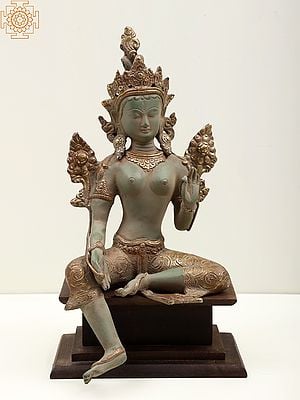 14" Tibetan Buddhist Deity Green Tara, Steeped In Dhyana On A Wood Pedestal In Brass