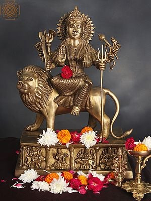 23" The Ten Armed Simhavahini Durga On Ashta-Devi Base In Brass | Handmade | Made In India