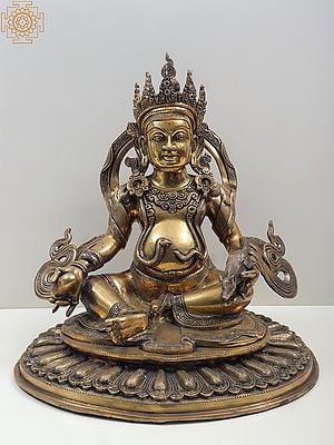 19" Buddhist Kubera Seated on A Pedestal of Flattened-Out Lotus Pedestal In Brass