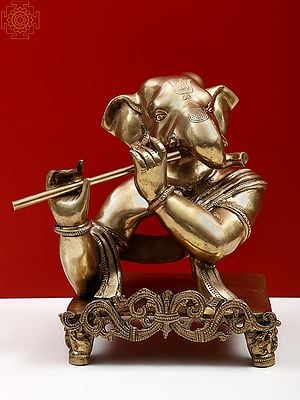 11" The Flutist Ganesha In Brass | Handmade | Made In India