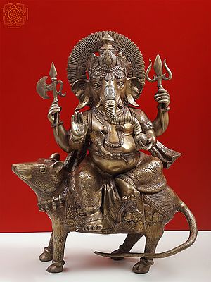 23" Ganesha Seated on His Rat Wearing a Leafy Crown In Brass