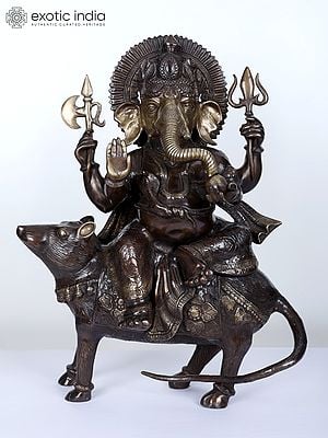 23" Ganesha Seated on His Rat Wearing a Leafy Crown In Brass