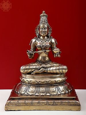 16" Brass Goddess Annapurna Seated On Pedestal