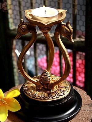 6" Brass Three Wicks Lamp on Swan Stand with Wooden Base
