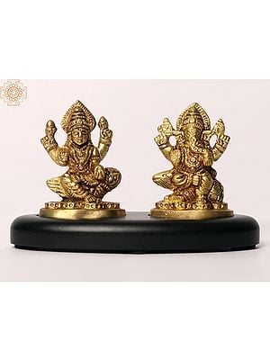 3" Lakshmi Ganesha Idol for Car Dashboard | Brass and Wood | Handcrafted in India