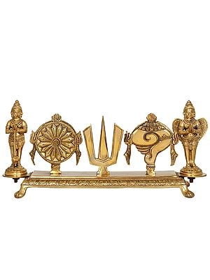 7" Brass Fine Vaishnava Symbols with Hanuman and Garuda Standing on Each Side