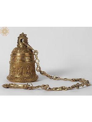 8" Dashavatara of Vishnu Temple Bell with Long Chain in Brass