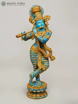 45" Superfine Lord Krishna Brass Sculpture with Swaying Necklace of Flowers