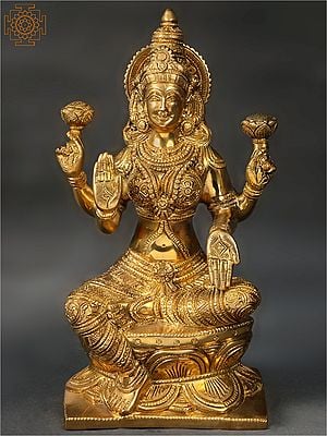 12" Ashirwad Lakshmi Seated on Lotus In Brass | Handmade | Made In India