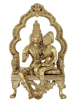 11" Vishnu-Lakshmi Bronze Statue Seated On A Hoysala Throne