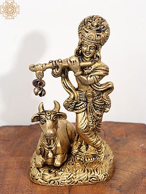 5" Small Lord Krishna Statue Playing Flute with Holy Cow in Brass