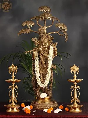 Superfine Superbly Embellished Krishna Fluting Under a Magnificent Tree (Large Size)
