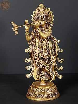 12" Fluting Krishna Brass Statue