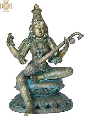 18" Devi Saraswati Statue | Handmade | Madhuchista Vidhana (Lost-Wax) | Panchaloha Bronze from Swamimalai